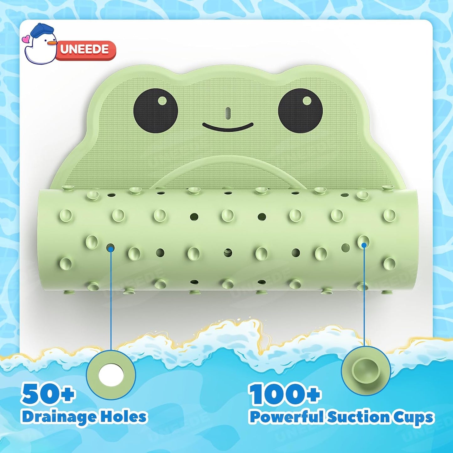 UNEEDE Non Slip Bath Mat for Kids, Frog-Shaped Bathtub Mat Non Slip Anti Mould, 76 x 45 cm, Rubber Bath Mats for Babies &amp; Children, Bath Mat for Bathtub with Strong Suction Cups, Machine Washable