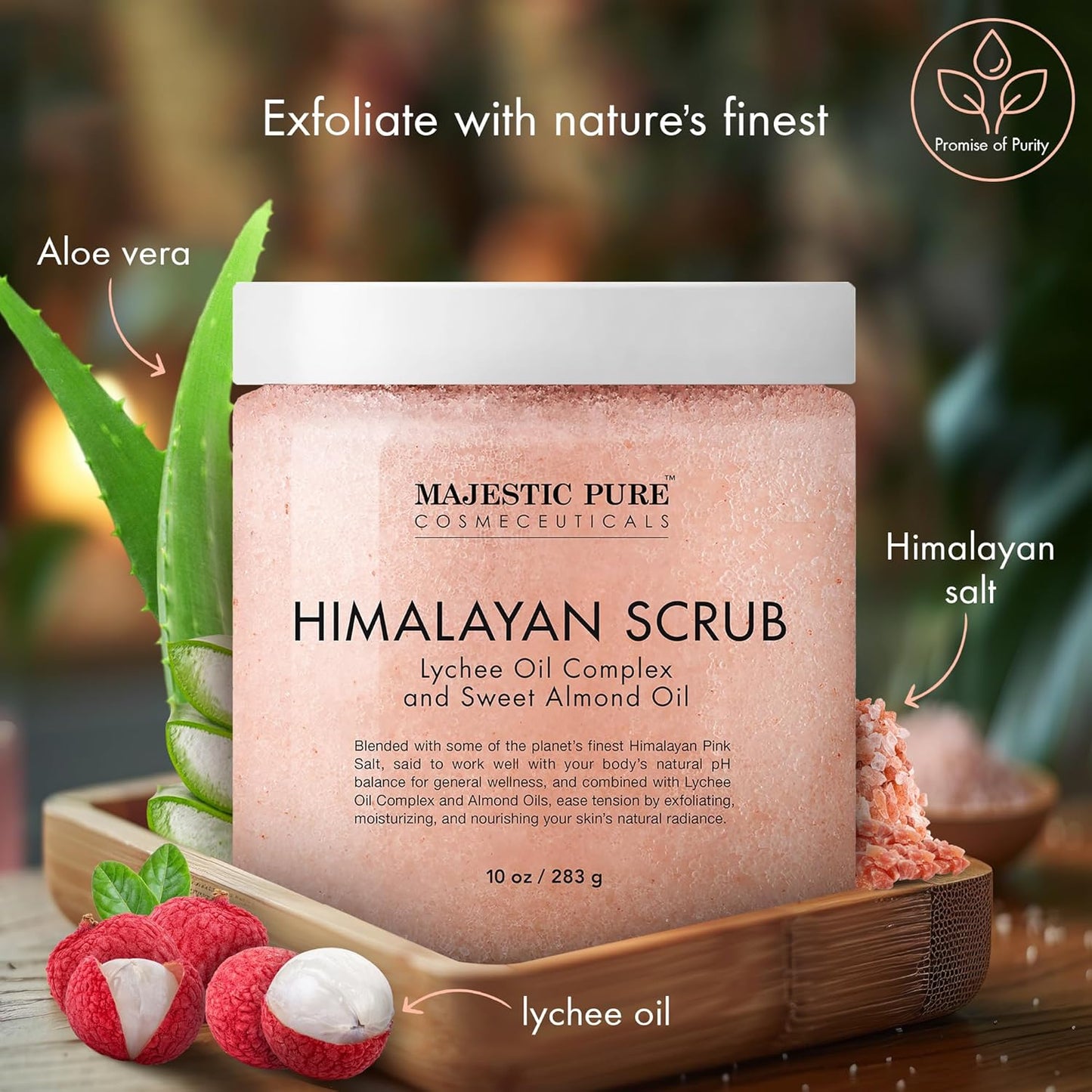 MAJESTIC PURE Himalayan Salt Body Scrub with Lychee Oil, Exfoliating Salt Scrub to Exfoliate &amp; Moisturize Skin, Deep Cleansing - 283 g