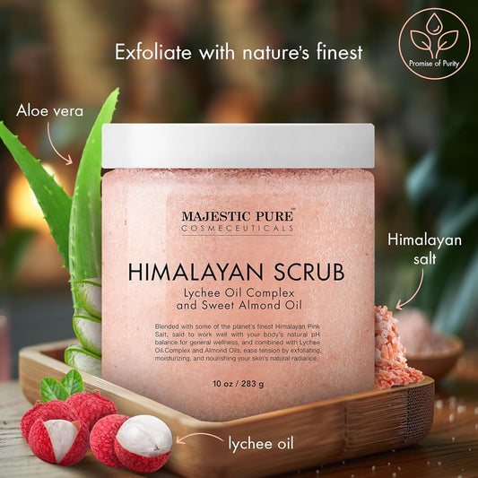 MAJESTIC PURE Himalayan Salt Body Scrub with Lychee Oil, Exfoliating Salt Scrub to Exfoliate &amp; Moisturize Skin, Deep Cleansing - 283 g