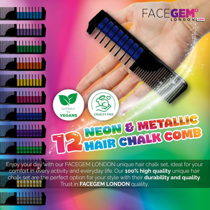 12 Hair chalks comb, 12 NEON &amp; METALLIC hair chalk, Non-Toxic Easy Washable Hair Dye Colourful, METALLIC &amp; NEON hair chalk -Perfect for Festivals, Halloween, Party, hair chalks for girls