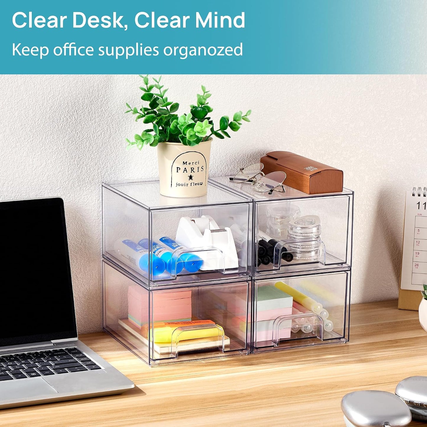Vtopmart 4 Pack Clear Makeup Organiser, Acrylic Small Stackable Storage Drawers, Plastic Storage Box For Vanity, Bathroom, Under Sink, Kitchen Cupboard, Pantry, Home Organization