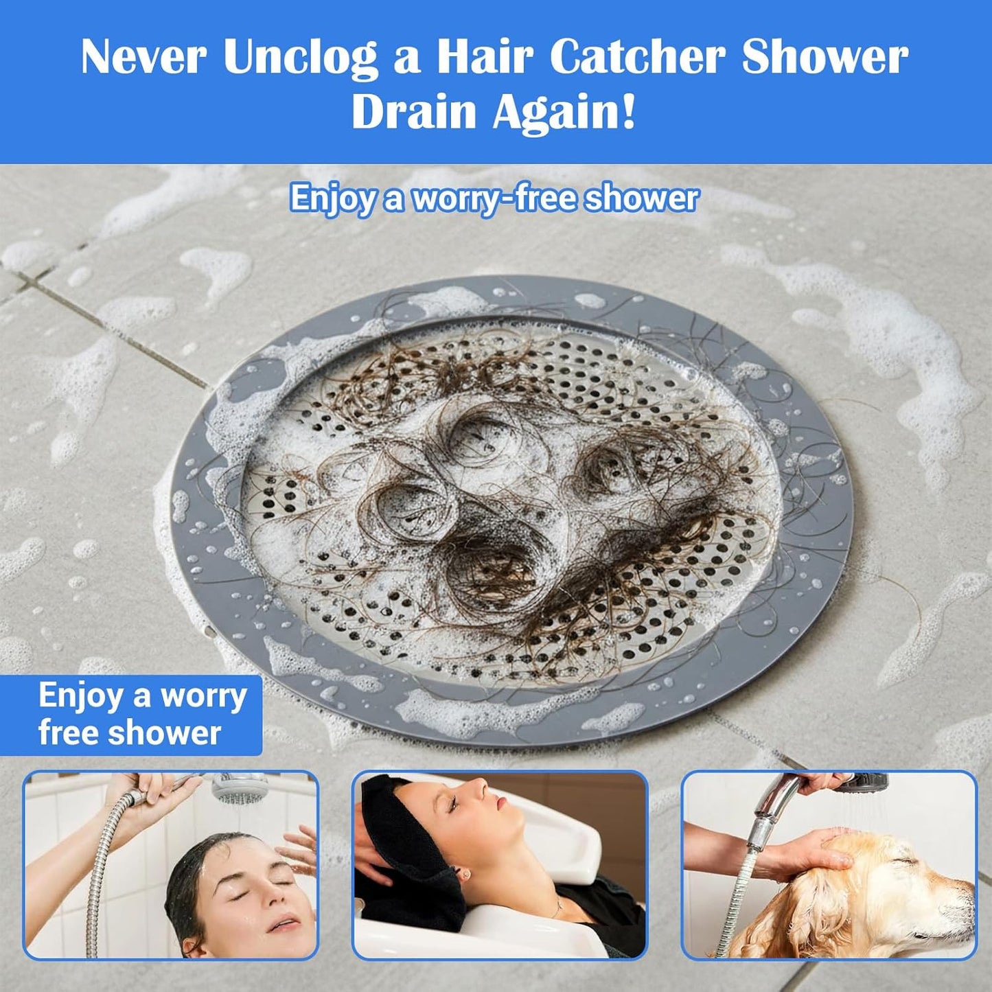Shower Hair Drain Catcher, Stainless Steel &amp; Silicone Flat Bathtub Drain Cover with Wide Rim for Strong Adhesion, Shower Drains Hair Catcher for Clog Prevention &amp; Easy Cleaning, 5.7 Inch Wide Round