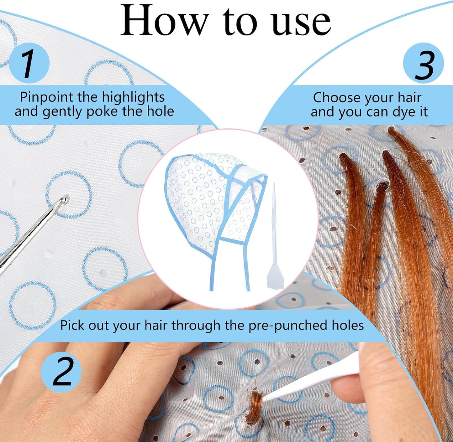 Bewudy 12 Pcs 4 Sets of Highlight Cap with Hooks, Hair Highlighting Caps, Highlight Hair Coloring Frosting Dye Kit for Salon Hair Dyeing Hairdressing (Purple+Blue)