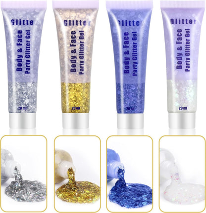 Body Glitter Gel,4pcs Face Glitter Hair Glitter Gel Set Festival Accessories for Body,Hair DIY Art Party Makeup Decoration