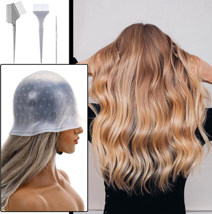 TIESOME Silicone Highlighting Cap with Needles &amp; Brushes, Reusable Punched Hair Cap for Salon &amp; Home Hair Coloring (with 3 Tools Set)