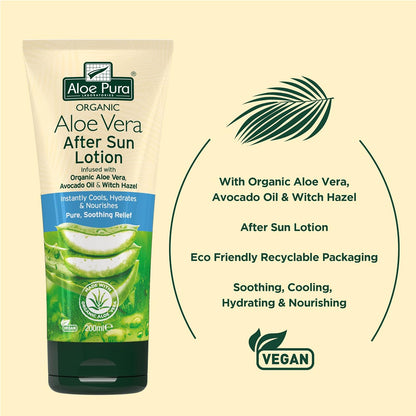 Aloe Pura, Organic Aloe Vera Aftersun Lotion, Natural, Vegan, Cruelty Free, Paraben &amp; SLS Free, Soothing, 200ml