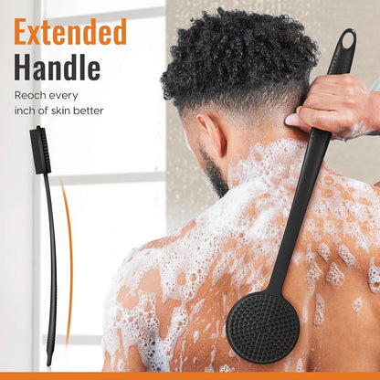 Silicone Back Scrubber, 17In Extended Anti-Slip Handle Body Scrubber Body Brush Back Brush Long Handle for Shower Double Sided Shower Brush Back Washer for Cleansing and Exfoliating, Bath Essentials