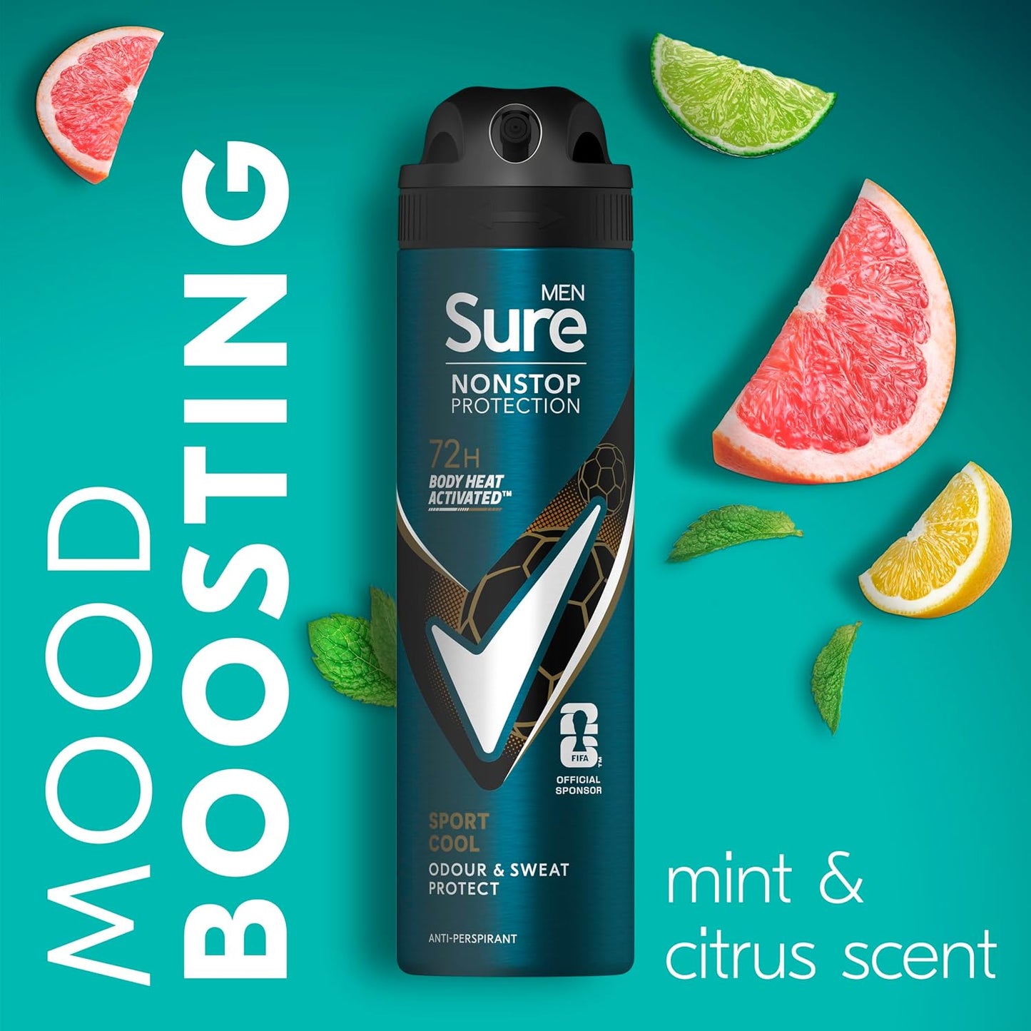 Sure Men Nonstop Protection Sport Cool Deodorant Body Spray Antiperspirant with a mint and citrus scent &amp; body heat activated technology for 72 hour odour and sweat protection 150 ml
