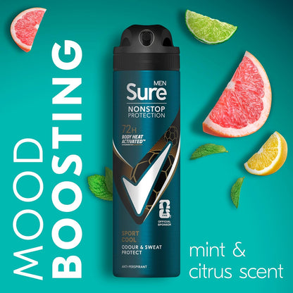 Sure Men Nonstop Protection Sport Cool Deodorant Body Spray Antiperspirant with a mint and citrus scent &amp; body heat activated technology for 72 hour odour and sweat protection 150 ml