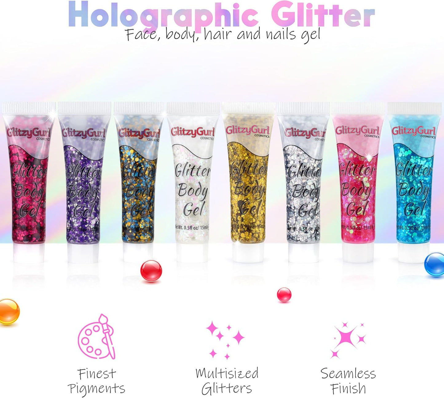 Holographic Glitter Face and Body Gel 8 Pack Cosmetic Glitter, Body Glitter, Hair Glitter, Festival Gel