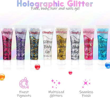 Holographic Glitter Face and Body Gel 8 Pack Cosmetic Glitter, Body Glitter, Hair Glitter, Festival Gel