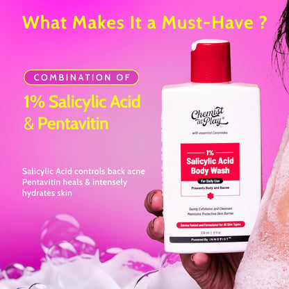 Chemist at Play 1% Salicylic Acid Body Wash | Clears Bacne &amp; Body Acne | Exfoliating Body Wash for Back, Chest &amp; Bum Acne | Softens Skin | Sulphate Free | For Men &amp; Women | 236ml