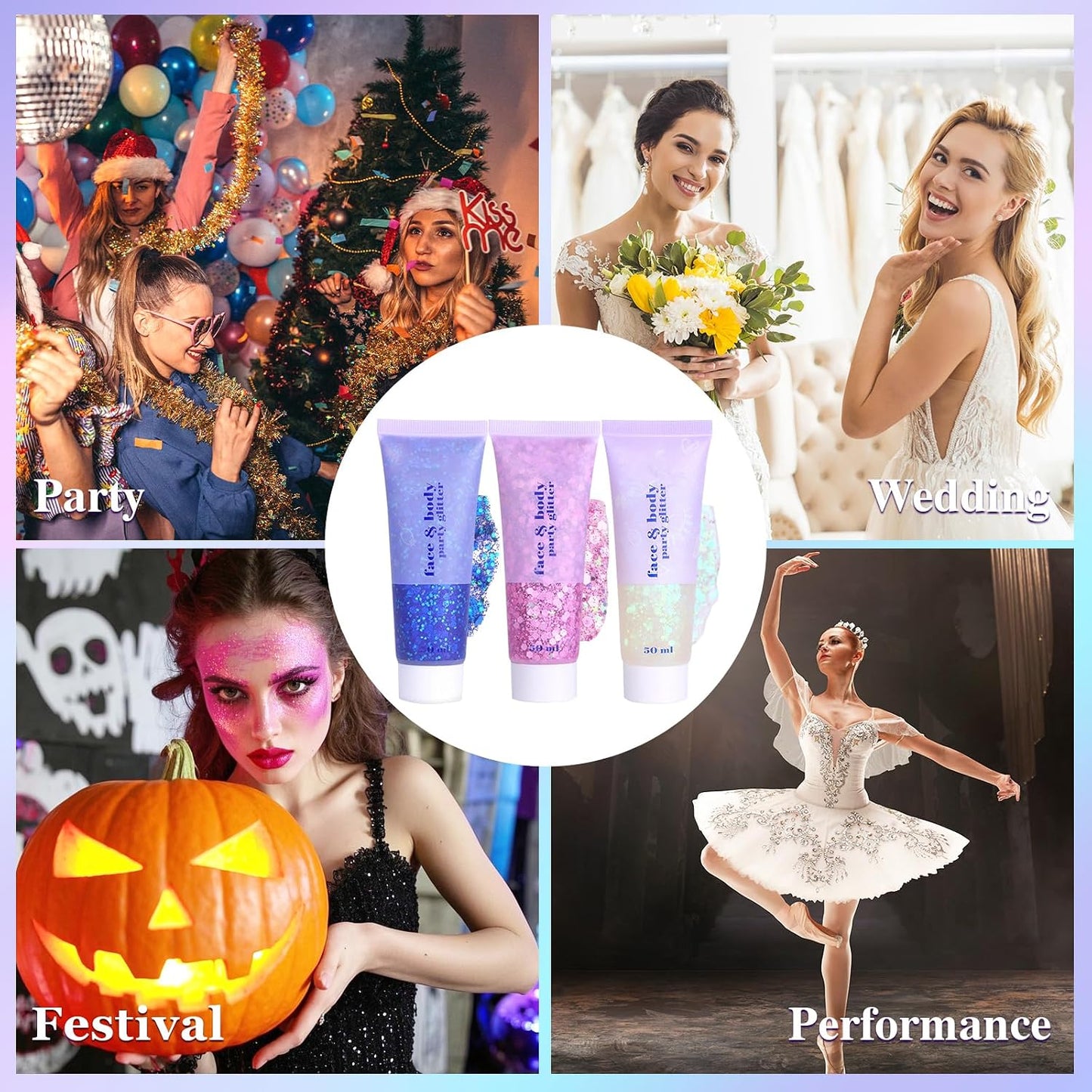 Sularpek 3 Pcs Face Glitter, 50ml Hair Glitter Gel, Sequins Shimmer Liquid Eyeshadow, Mermaid Sequins Festival Glitter for Face Body Eye Hair Festival Party Makeup Decoration