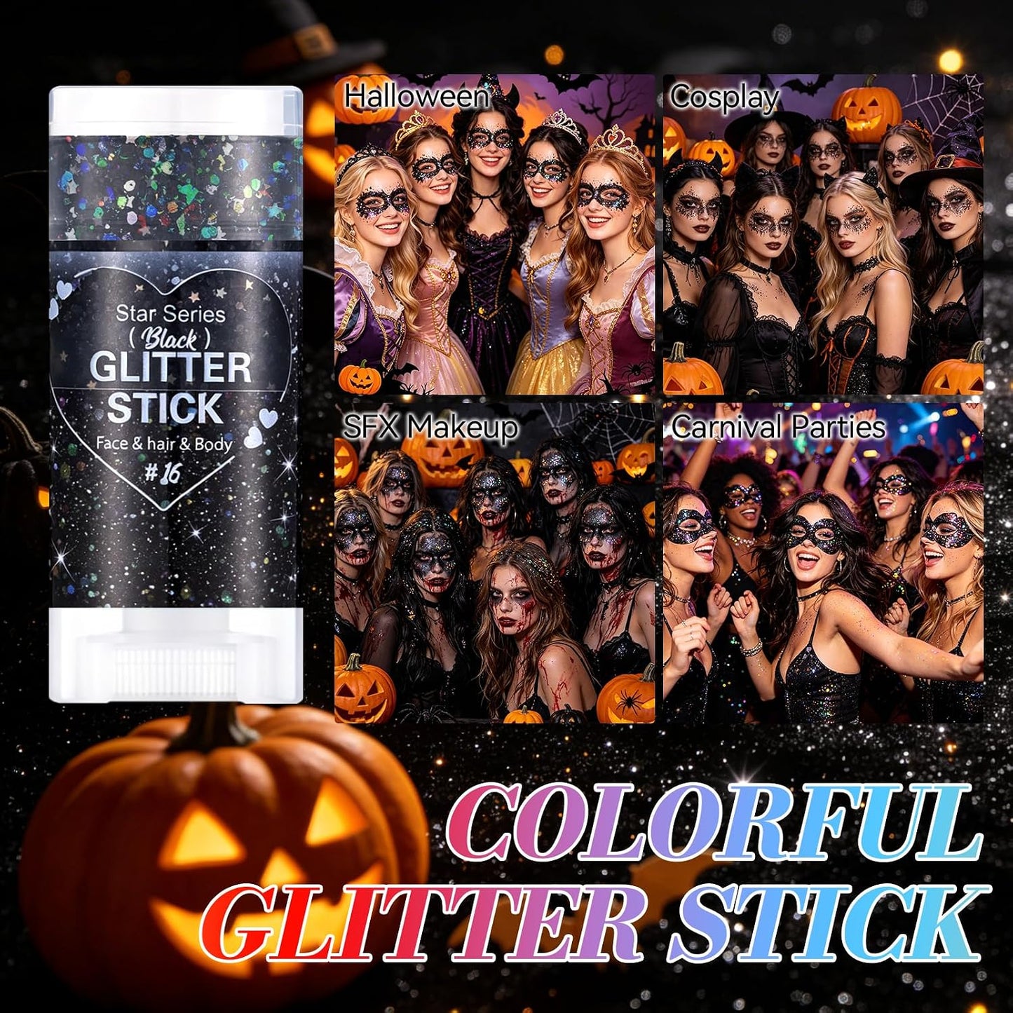 Prreal Body Glitter, Mermaid Sequins Glitter Stick Face Body Sparkling Glitters, Chunky Holographic Hair Glitters, Durable Lips Nails Festival Carnival Rave Singer Concert Halloween Makeup,#16 Black