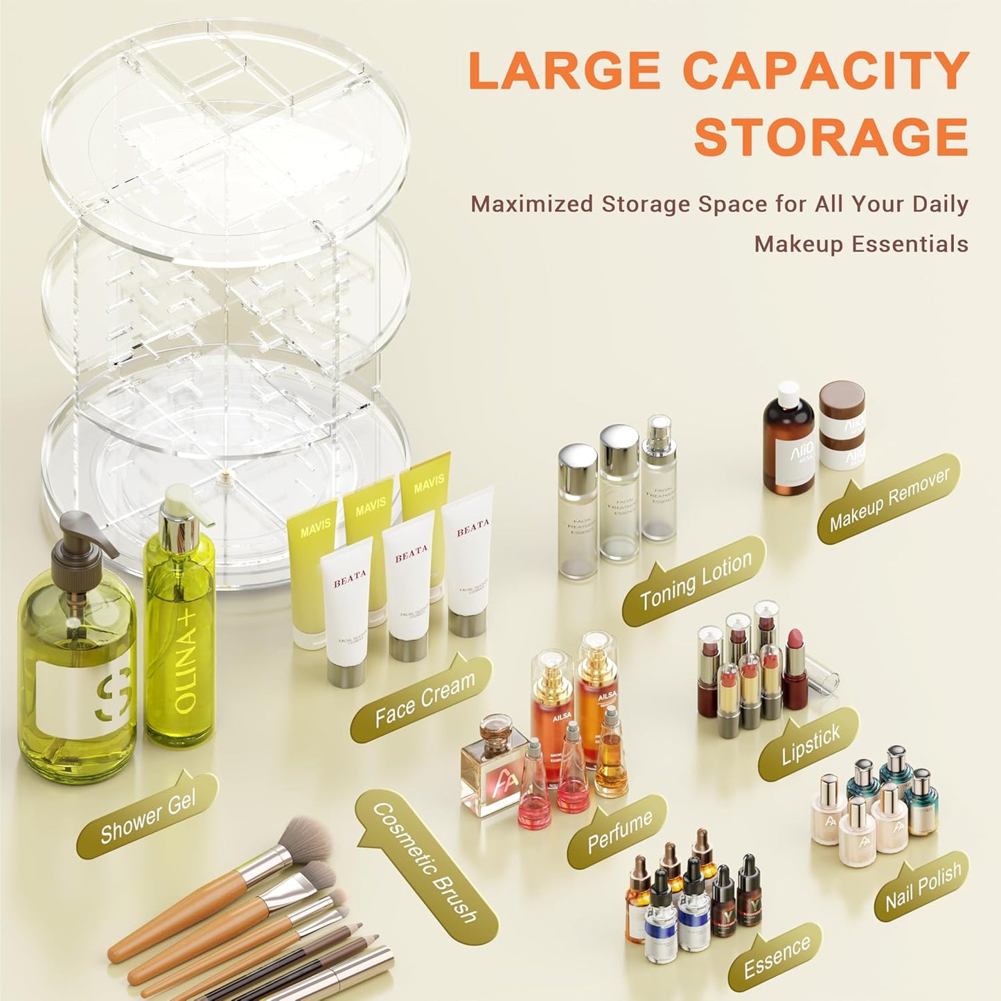 Auxmir Rotating Makeup Organiser, 9-Tier Adjustable Makeup Organiser with 360 Degree Rotation, Large Capacity Spinning Makeup Storage on Stand Revolving for Vanity Table, Bedroom, Bathroom