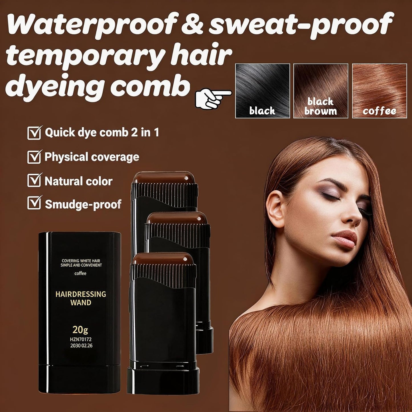 3PCS Temporary Hair Dye Comb, Waterproof Hair Color Stick, 2-In-1 Touch-Up Hair Colouring Combs for Women Men (Coffee)
