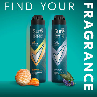 Sure Men Nonstop Protection Energise Deodorant Body Spray Antiperspirant with body heat activated technology for 72 hour protection against odour and sweat 250 ml, Pack of 6