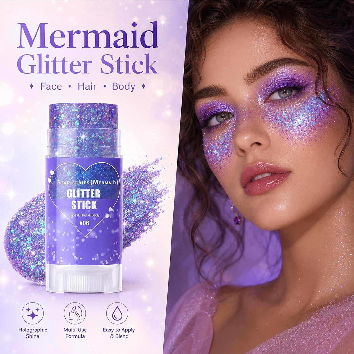 Mermaid Body Glitter Stick, Purple Sparkly Hair Face Glitter Gel Makeup for Women, Holographic Mermaid Glitters Face Paint Stick for Lip, Nail Festival Essentials Halloween Rave Outfit Accessories