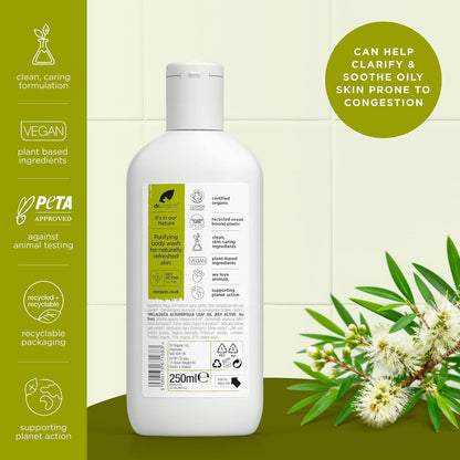 Dr Organic Tea Tree Body Wash, Shower Gel, Natural, Vegan, Cruelty-Free, Paraben &amp; SLS-Free, Recyclable &amp; Recycled Ocean Bound Plastic, Certified Organic, 250ml, Packaging may vary
