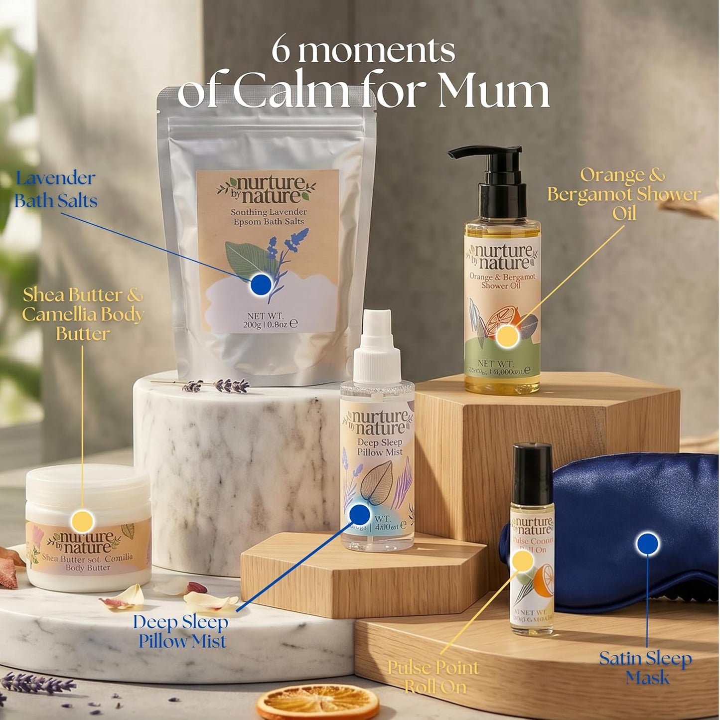 Nurture by Nature Spa Collection Gift Set – 6 Pcs Relaxing Pamper Gifts for Women with Bath Salts, Body Butter, Sleep Mask &amp; More, Valentines Day Gift for Her, Mothers Day Gift Idea, New Mum Present