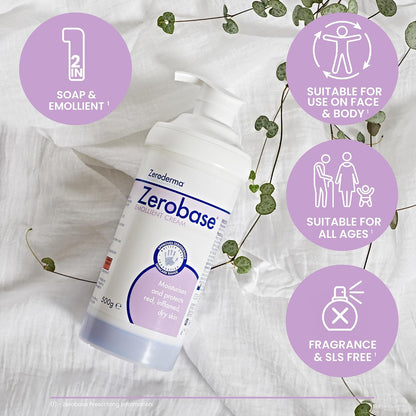 Zeroderma Zerobase Emollient Cream 2-in-1 Moisturiser &amp; Soap Substitute, for Dry &amp; Eczema-Prone Skin, Restores Skin Barrier, 21 percent w/w Paraffins, 500g