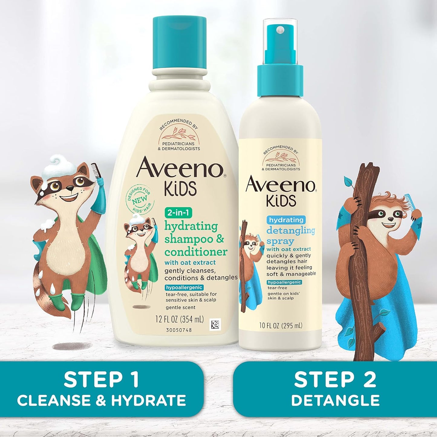 Aveeno Kids Hydrating Detangling Spray with Oat Extract, Quickly &amp; Gently Detangles Kids' Hair, Tear-Free &amp; Suitable for Skin &amp; Scalp, Light Fragrance, Hypoallergenic, 10 fl. Oz