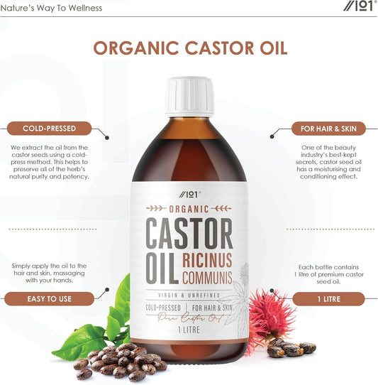 Organic Castor Oil 1 Litre (Glass) – 100% Unrefind &amp; Cold Pressed – Hexane Free – for Skin &amp; Hair – Sustainably Sourced – By Alpha01