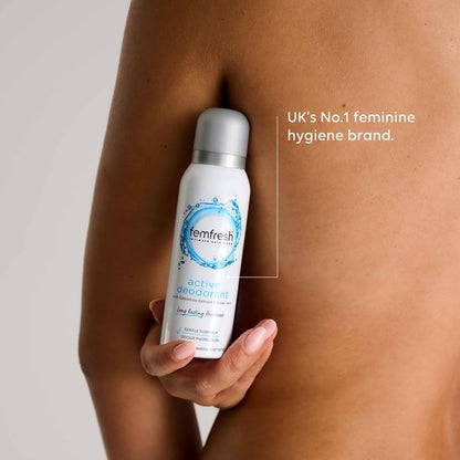 Femfresh Active Intimate Deodorant, Gentle Vaginal Odour Protection Spray for Women, Long-Lasting Freshness, Hypoallergenic,125 ml