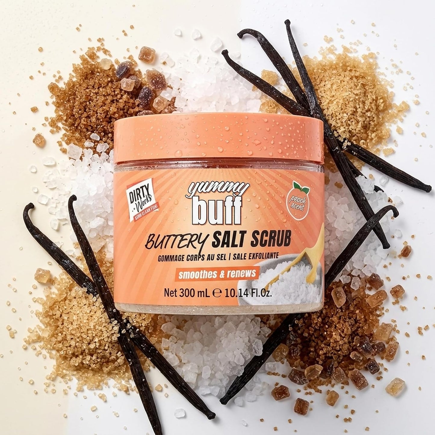 Dirty Works Yummy Buff Salt Scrub - Exfoliating Body Polish, Smoother Skin, Gentle Buffing, Deep Cleanse, Renewing, Luxurious Treat - 300ml
