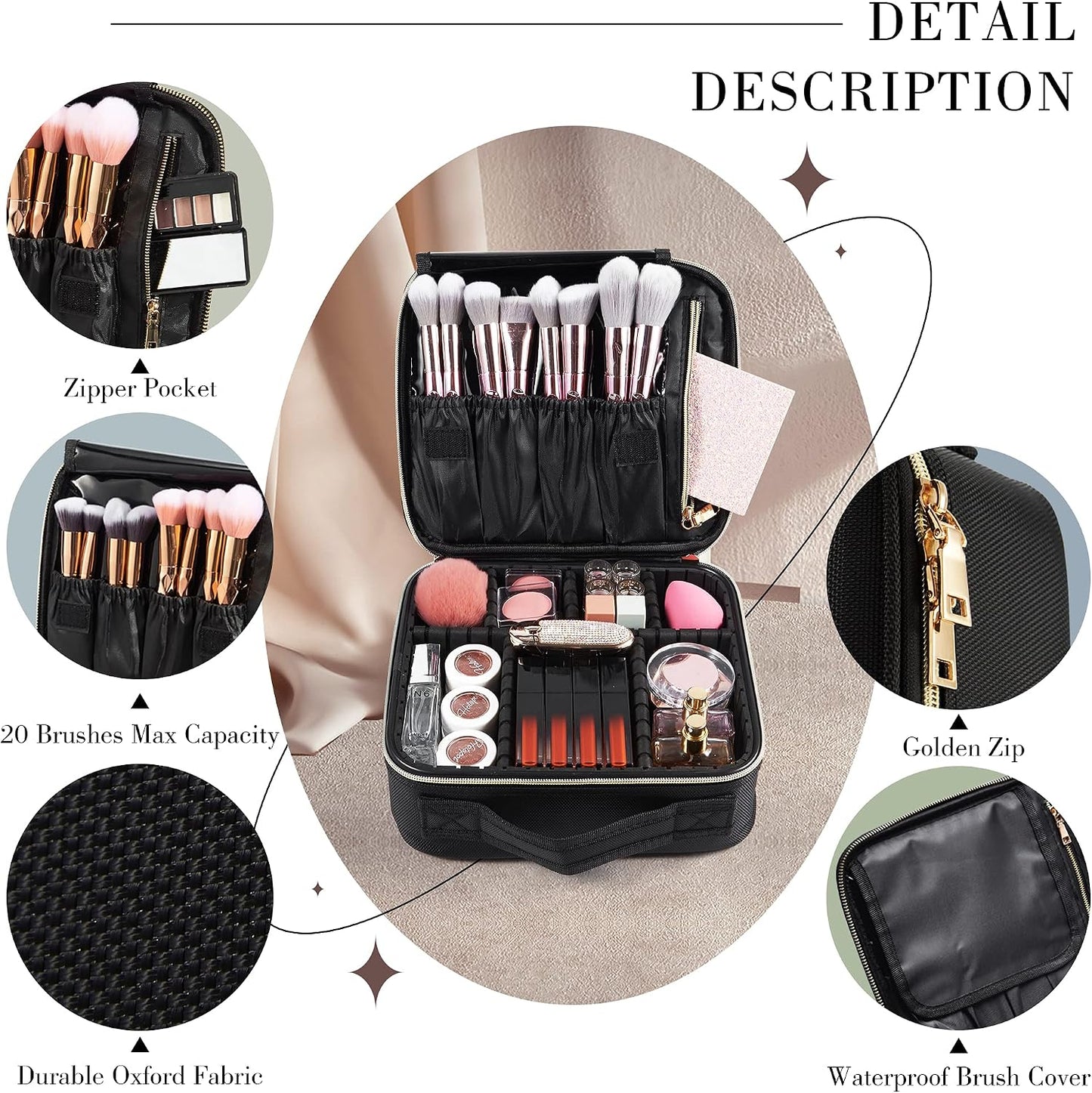 Joligrace Makeup Bag Cosmetic Case Vanity Travel Beauty Box Make Up Train Case Hairdressing Tools Organiser with Adjustable Compartment Oxford Fabric