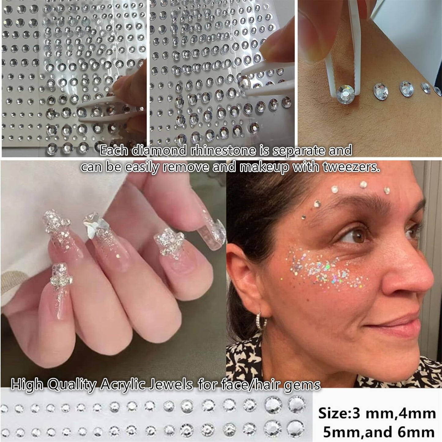 Go Ho 423 Pieces Self Adhesive Face Hair Gems Rhinestones,Body Glitter Eye Gems Diamonds Rhinestones Crystals Hair Jewels Stick on Face Jewels for Festival