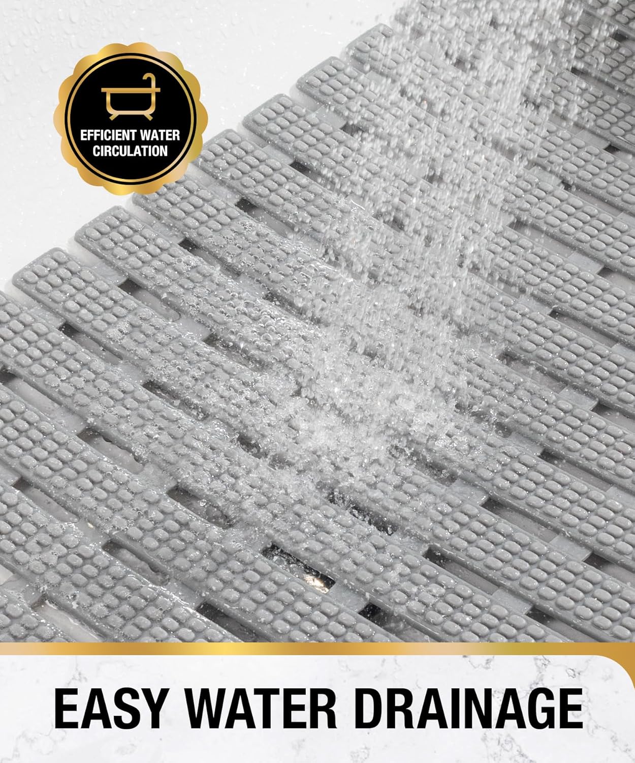 HITSLAM Bath Mat Non Slip Anti Mould, 68x38CM Shower Mats for Inside Shower, Quick Drain TPE Bathtub Mat with Suction Cups, Bathroom Accessories, Durable &amp; Comfortable, Grey