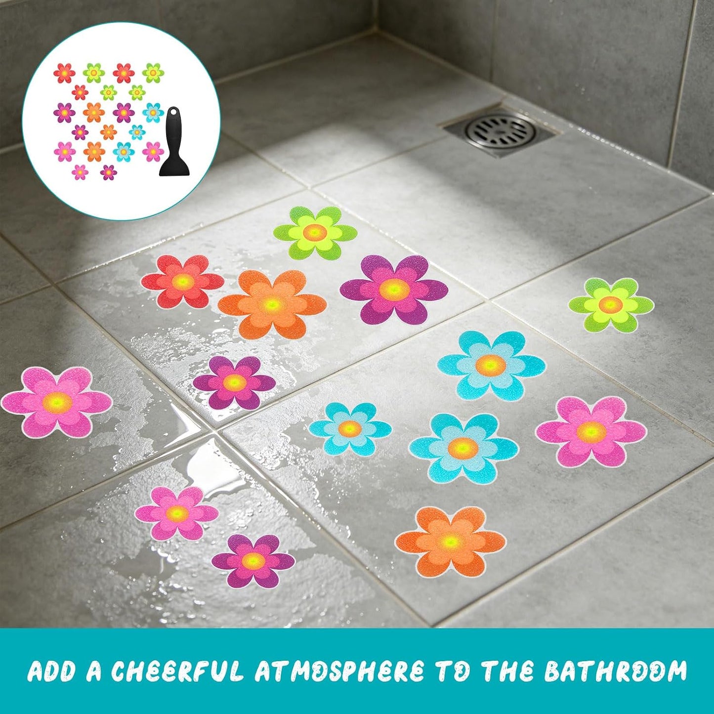 Flower Design Shower Floor Non Slip Bath Stickers, 20PCS Bathroom Safety Stickers with Scraper Tool, 11.5cm and 8cm Diameter