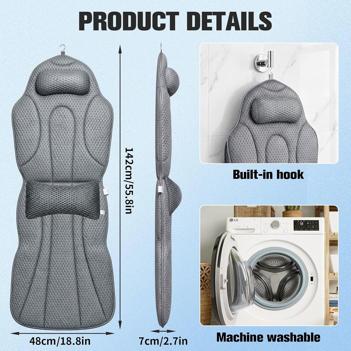 Full Body Bath Pillow for Bathtub, with Removable Lumbar Pillow, Tub Pillow for Neck, Waist, Hip Support, Pressure Relief, Ideal for Bathtub Soaking