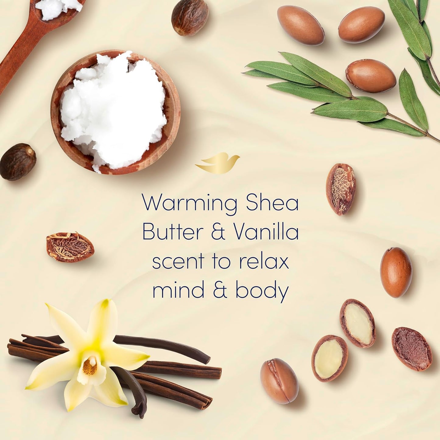 Dove Calming Caring Bath Bath Soak with ¼ moisturising cream, shea butter &amp; warm vanilla for an indulgent bubble bath 450 ml