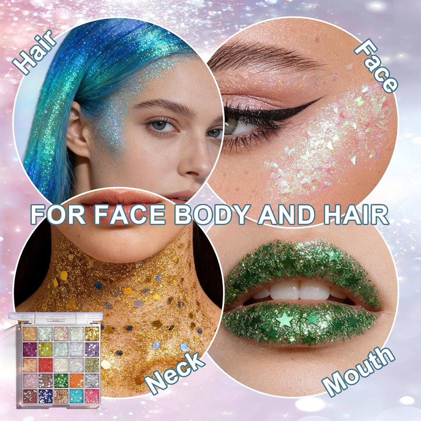 Prreal 25 Colors Body Glitter Gel Palette, Mermaid Holographic Glitter Gel,Face Hair Body Shimmer Chunky Sequins,Girls Women Party Carnival Halloween Festival Accessories
