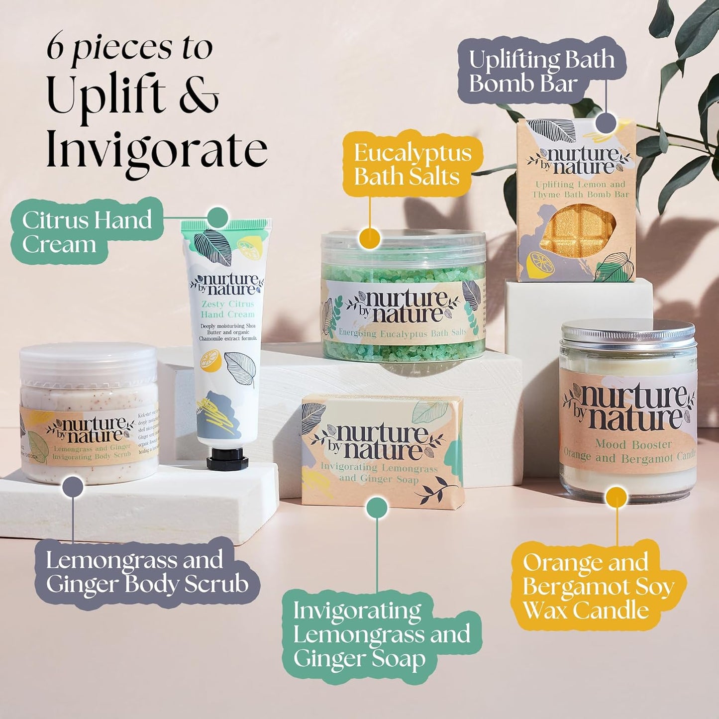 NURTURE BY NATURE Spa Gift Set – 6 Piece Uplifting Pamper Gift Set for Women with Soap, Body Scrub, Hand Cream &amp; Candle – Vegan - Valentines Gifts for Her, Mothers Day Gifts, Self Care Birthday Gift