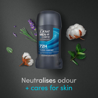Dove Men+Care Advanced Clean Comfort Anti-Perspirant Stick Men's Deodorant with Anti-Odour Technology and a lemon &amp; cedarwood scent for 72 hour sweat and anti-bacterial odour protection 50 ml