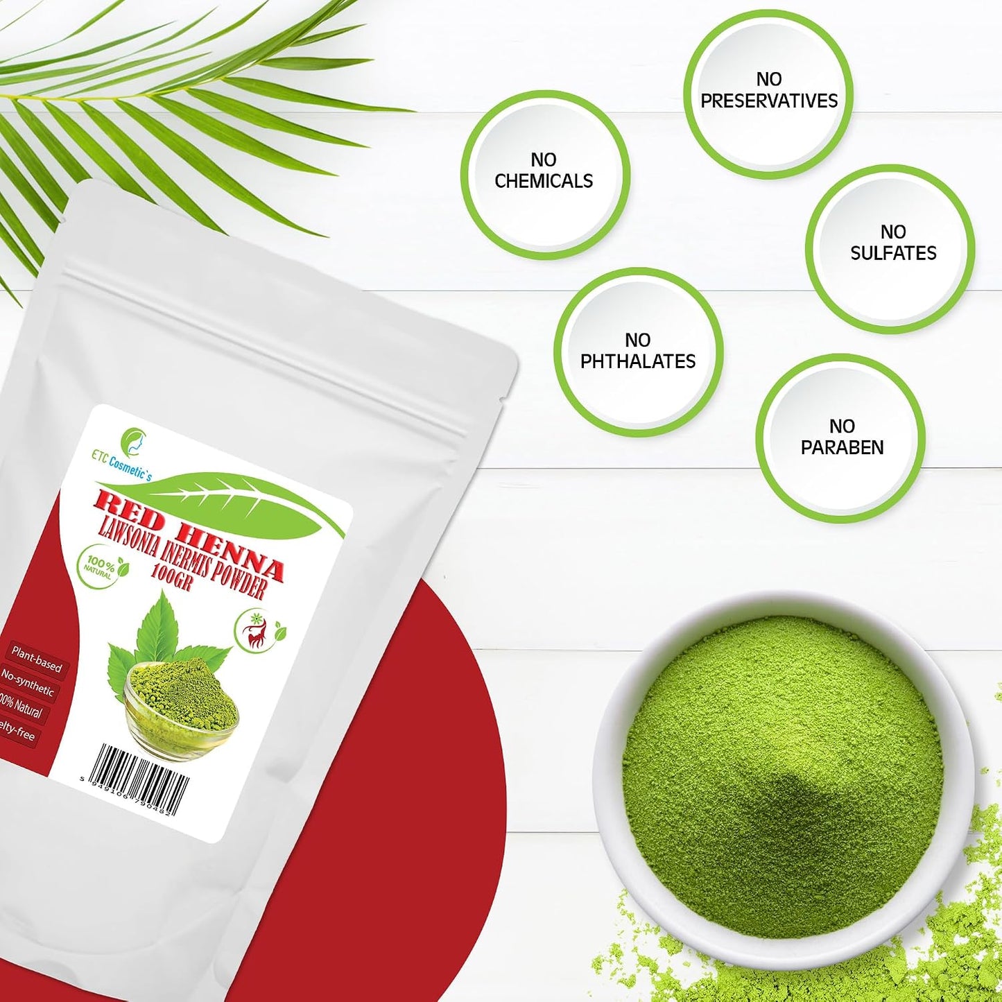 ETC Cosmetic's Red Henna - Lawsonia Inermis - 100g Powder - Natural - Improves Hair Appearance &amp; Conditions - All Hair Types - Demi-Permanent - Not Suitable for Red Hair