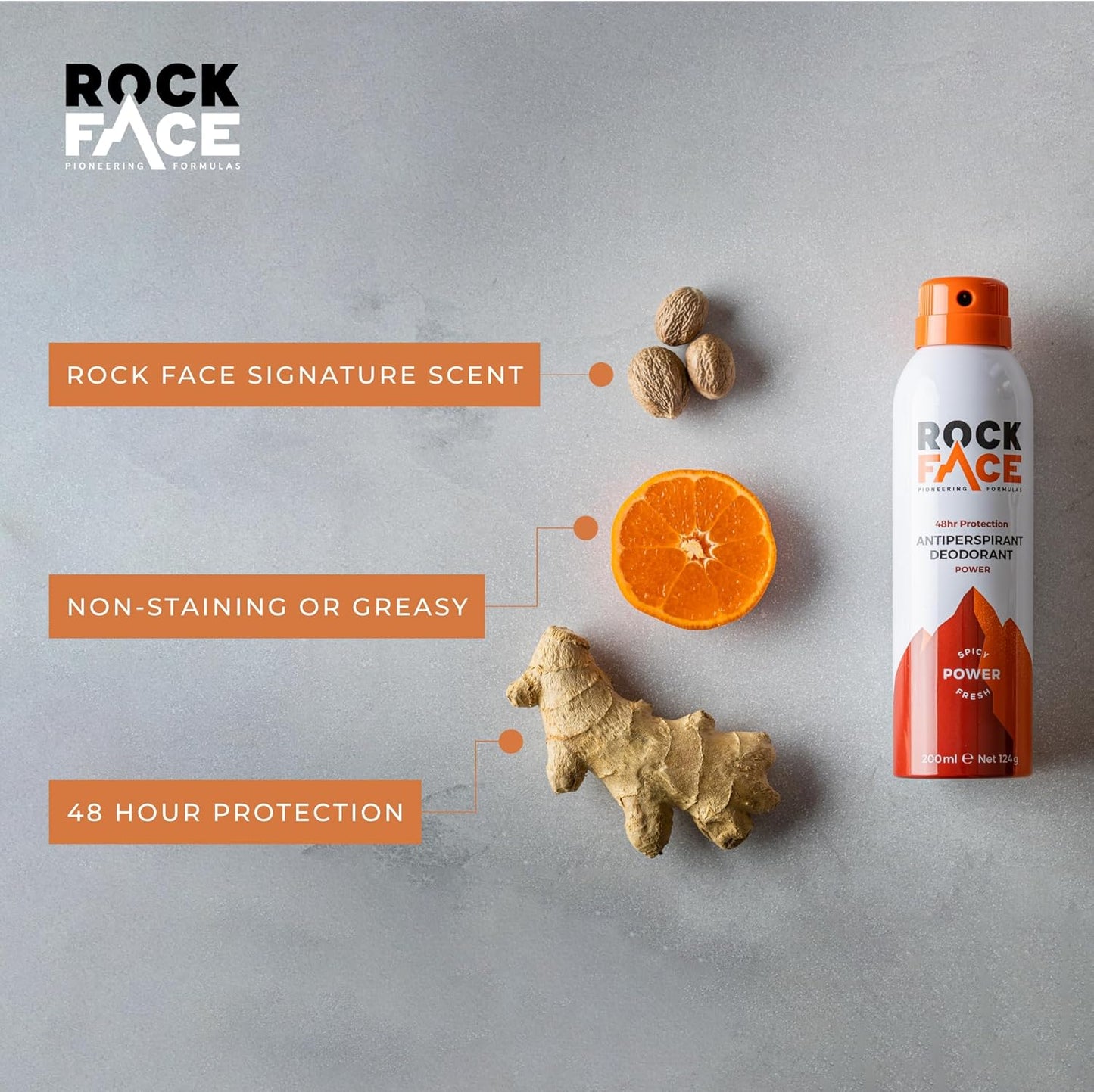 Rock Face Antiperspirant Deodorant for Men - Power Spicy Oriental Scent, 200ml Spray, 48 Hour Protection, Non-Staining