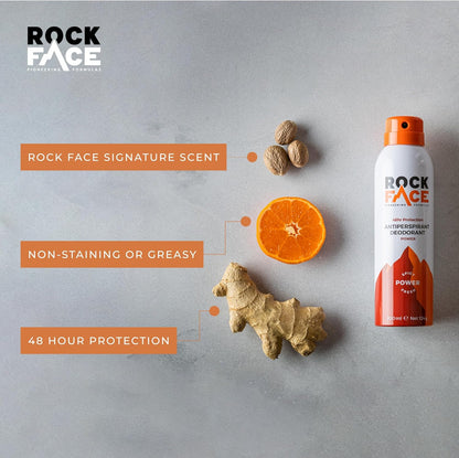 Rock Face Antiperspirant Deodorant for Men - Power Spicy Oriental Scent, 200ml Spray, 48 Hour Protection, Non-Staining
