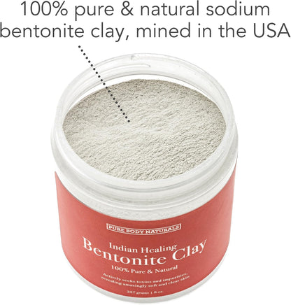 Pure Body Naturals Bentonite Indian Healing Clay - 16 Oz - 100% Pure Sodium Bentonite - Therapeutic Grade - Face Skin Care, Deep Skin Pore Cleansing, Detoxifying, Revitalization