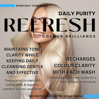 Blue Purple Shampoo for Blonde Grey Silver Highlighted Hair Pro Active Colour Defence + Protect Revive + Refresh Brilliant Brassy Tone Correcting Pigment Deposit Vegan Guar Mineral Complex 250ml