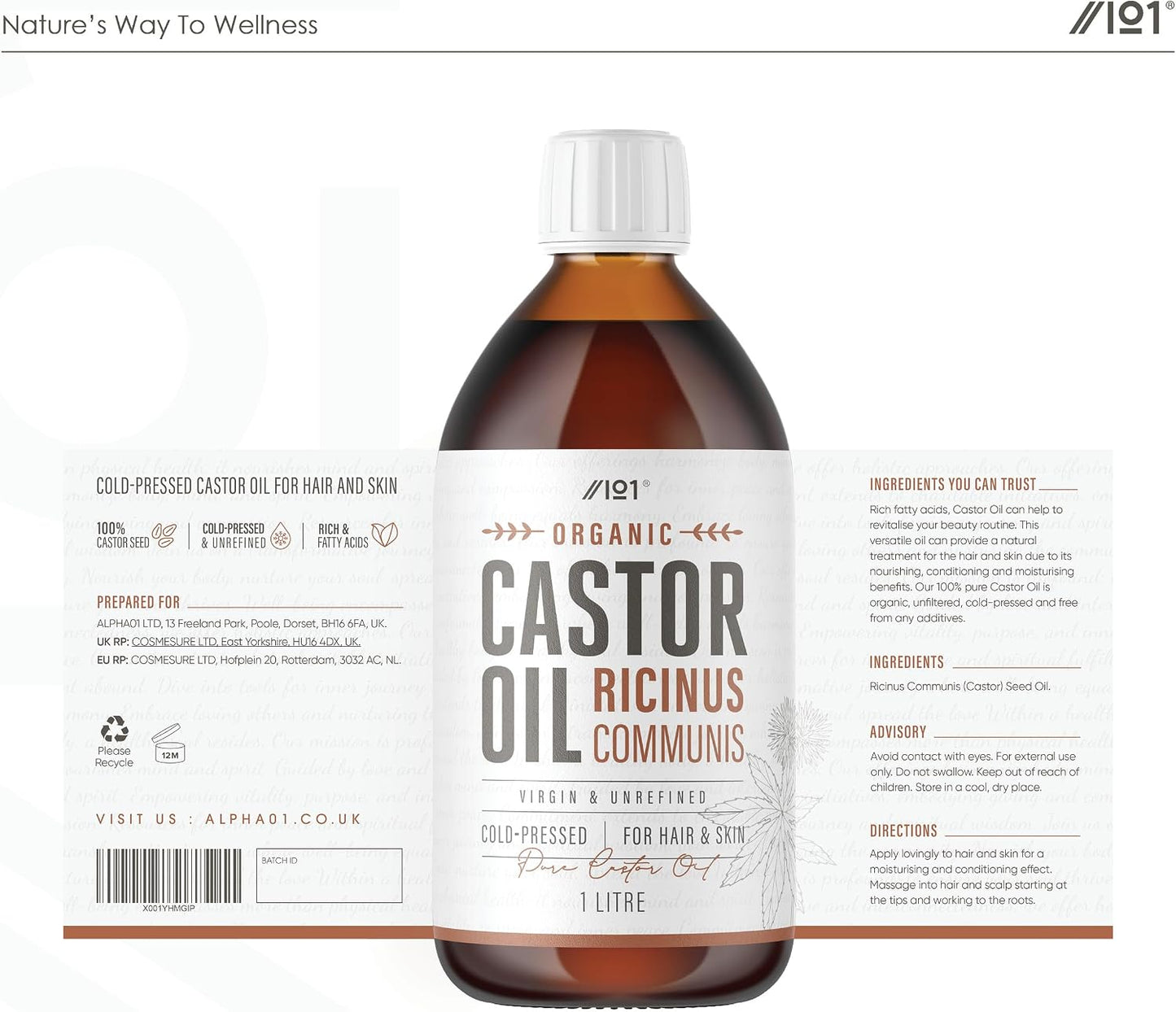 Organic Castor Oil 1 Litre (Glass) – 100% Unrefind &amp; Cold Pressed – Hexane Free – for Skin &amp; Hair – Sustainably Sourced – By Alpha01