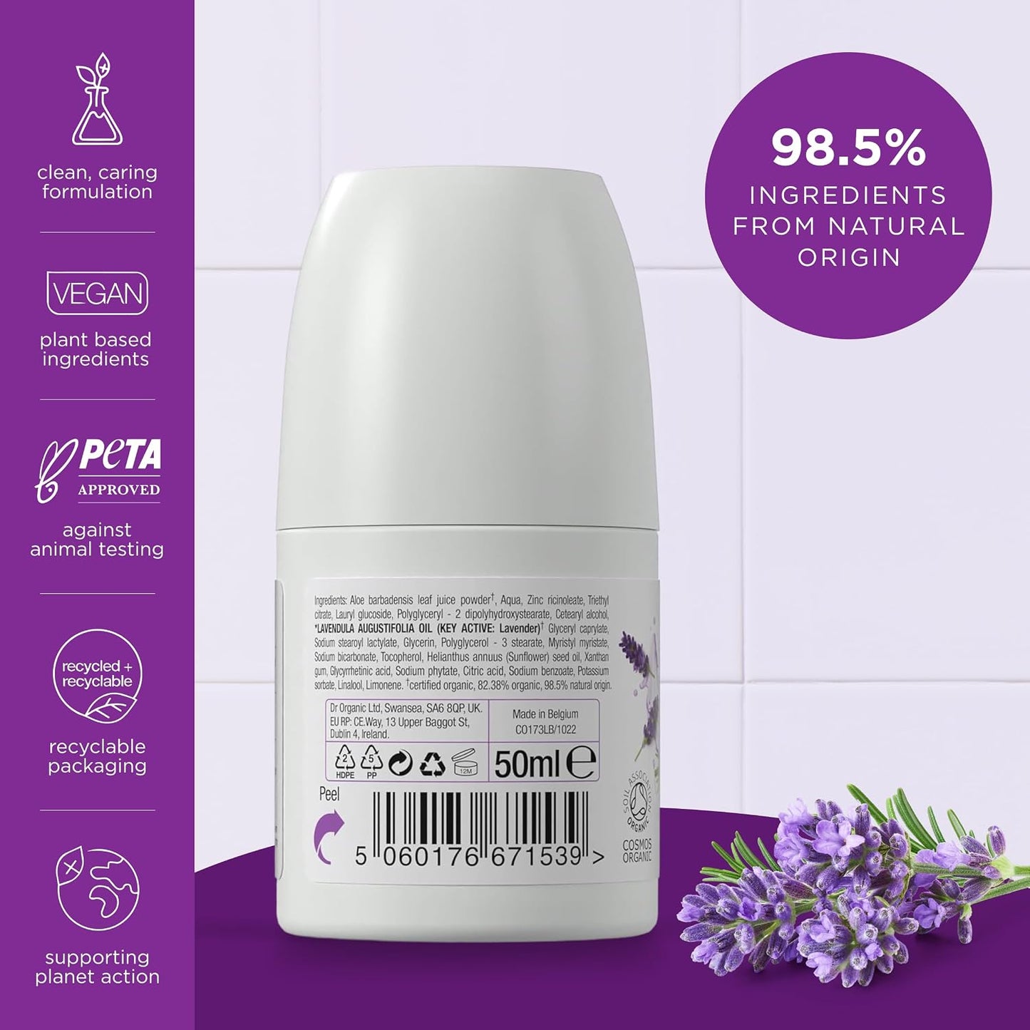 Dr Organic Lavender Deodorant, Aluminium Free, Mens, Womens, Natural, Vegan, Cruelty-Free, Paraben &amp; SLS-Free, Recycled &amp; Recyclable, Certified Organic, 50ml, Packaging may vary