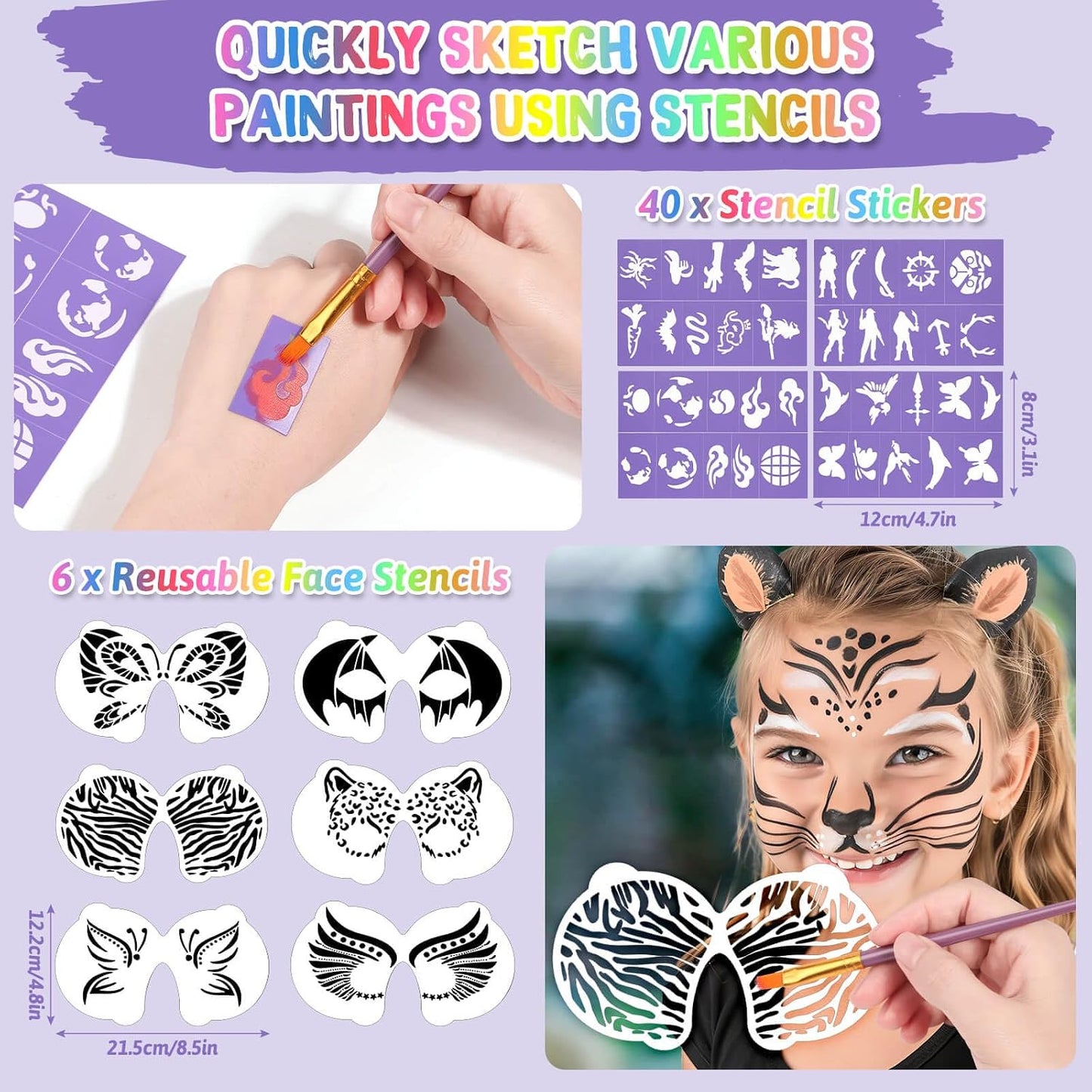 Face Painting Kit for Kids with Stencils, 42 Colors Non Toxic Face Paint with 16 Face Paint Crayons, 6 Reusable Face Painting Stencils, 40 Sticky Stencils for Kids Party and Halloween