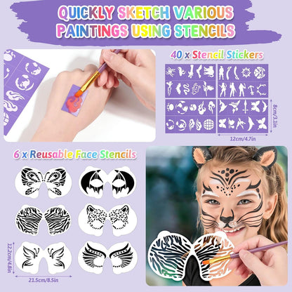 Face Painting Kit for Kids with Stencils, 42 Colors Non Toxic Face Paint with 16 Face Paint Crayons, 6 Reusable Face Painting Stencils, 40 Sticky Stencils for Kids Party and Halloween