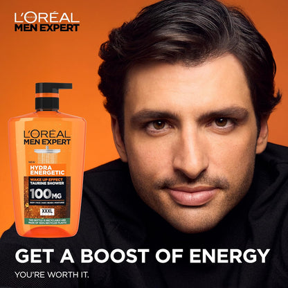 L'Oréal Men's Shower Gel, Men Expert Hydra Energetic 3-in-1 XXXL Body Wash 1L Pump, Instant Wake-Up Effect, Energising Face &amp; Hair Wash with Taurine and Vitamin C