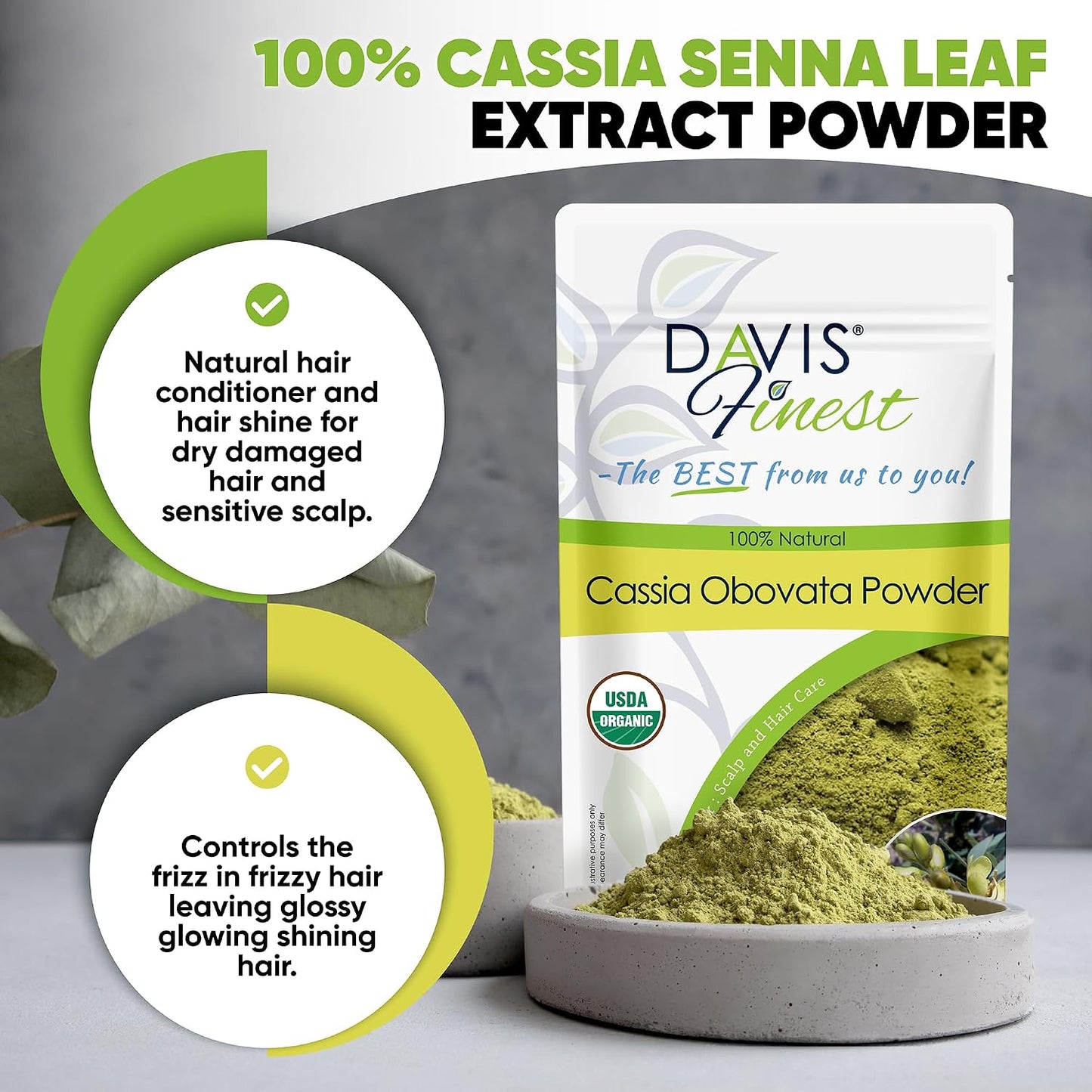 Davis Finest Organic Cassia Obovata Powder 100g, Neutral Henna Natural Hair Strengthening, Hair Mask, Blonde Hair Dye, Shine Conditioner