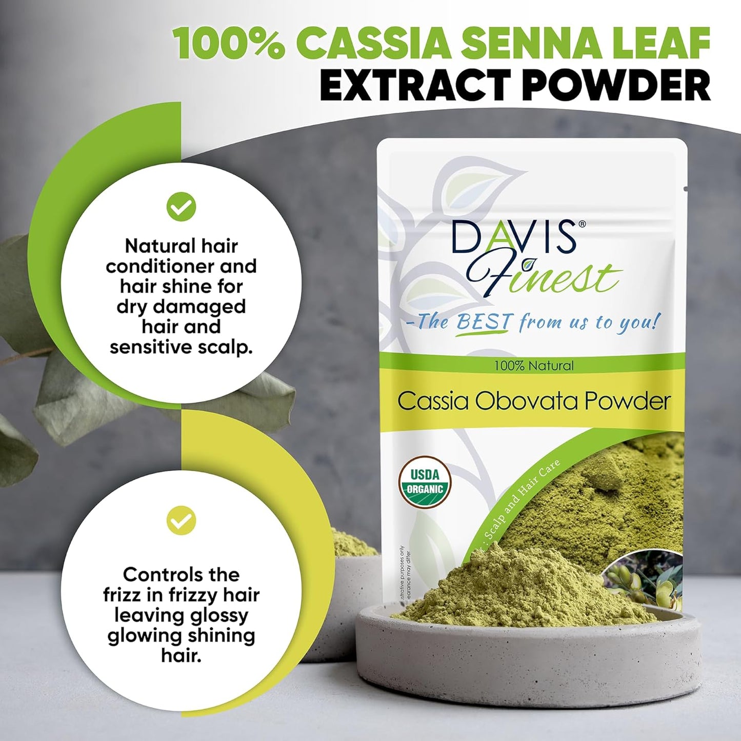 Davis Finest Organic Cassia Obovata Powder 250g, Neutral Henna, Blonde Hair Dye, Deep Conditioner, Strengthening, Hair Mask